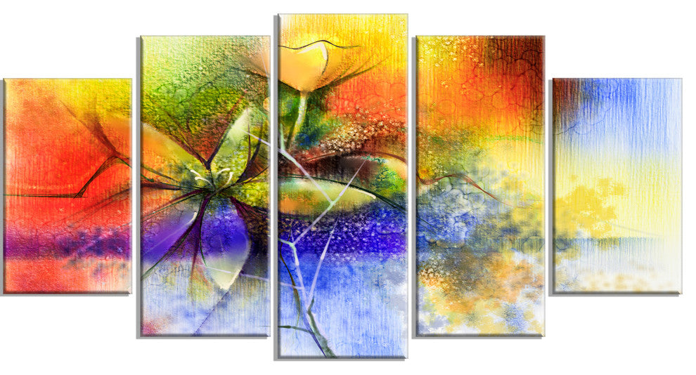 "Abstract Colorful Flower Fusion" Flower Wall Art, 5 Panels, 60"x32"