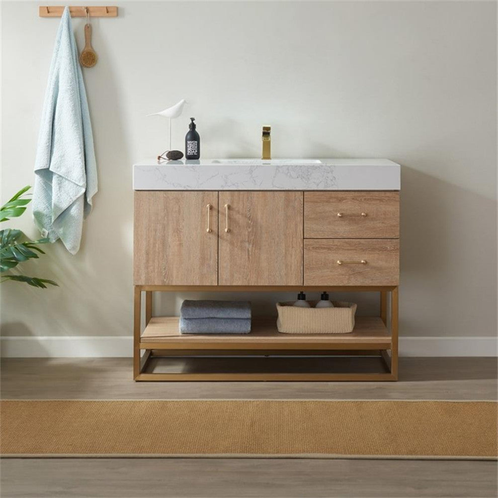 Vinnova Alistair 42" White Grain Stone Top Vanity in Oak w/o Mirror