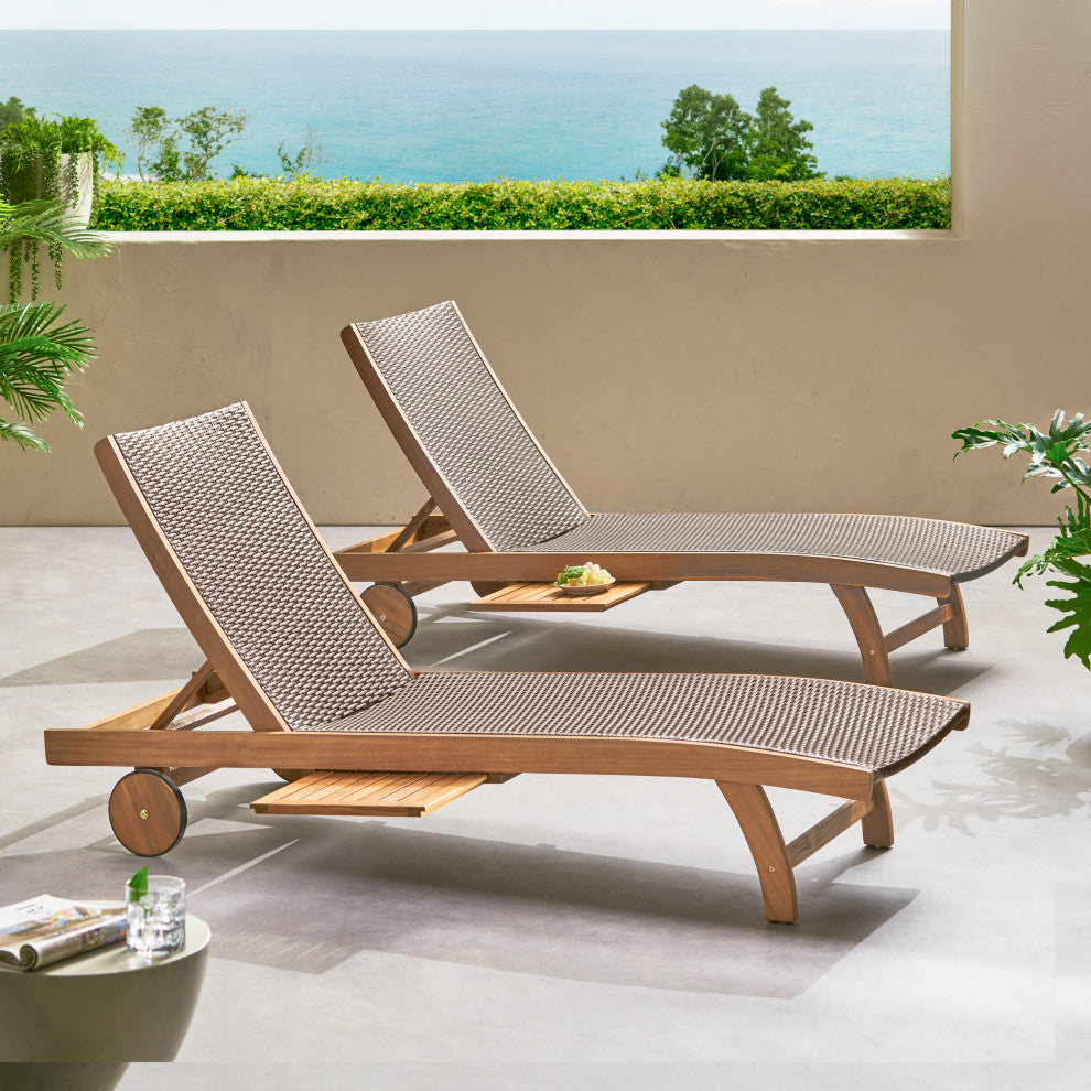 GDF Studio Kimberley Outdoor Chaise Lounge With Pull-Out Tray, Set of 2, Brown/Teak Finish
