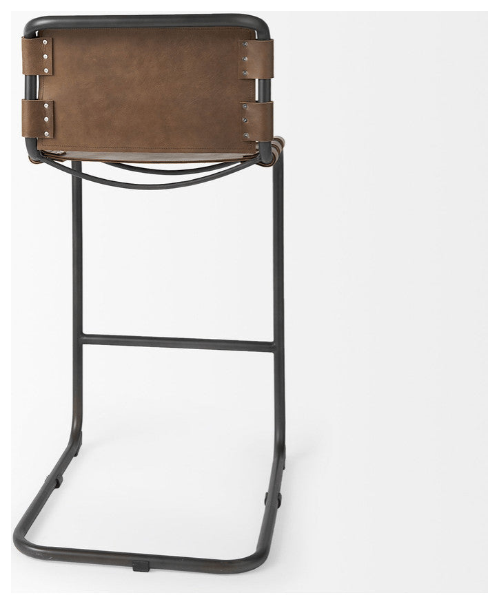 Light Brown Leather Iron Framed Bar Stool