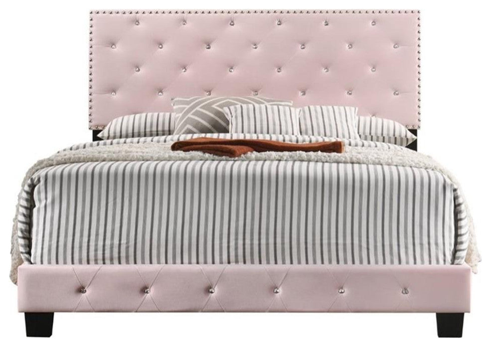 Glory Furniture Suffolk Velvet Upholstered Full Bed in Pink