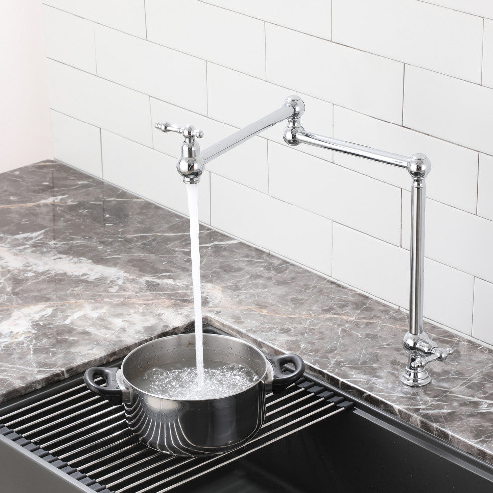 Deck-Mounted Double Handle Pot Filler Kitchen Faucet Stove Faucet, Chrome Plating