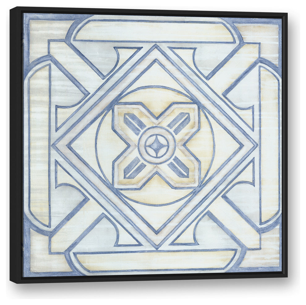 Blue and White Watercolor Tile 36x36 Black Floating Framed Canvas