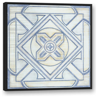 Blue and White Watercolor Tile 36x36 Black Floating Framed Canvas