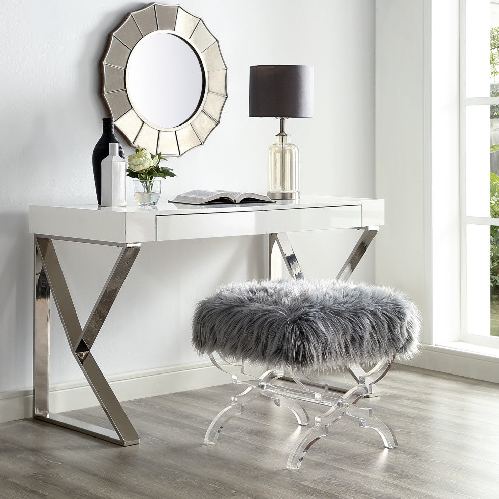 Enzo Faux Fur Acrylic X-Leg Ottoman, Gray