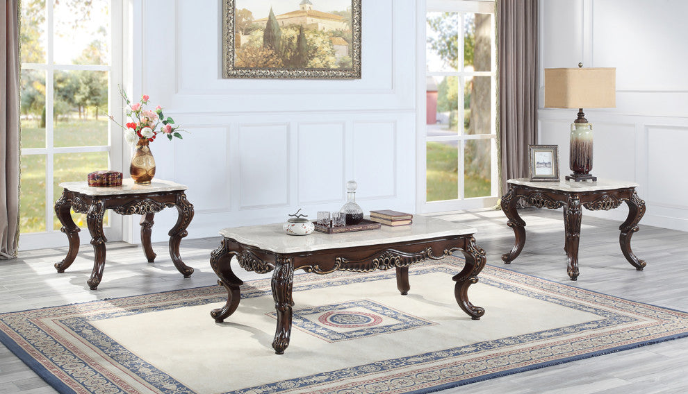 Wood and Marble End Table, Antique Oak and White