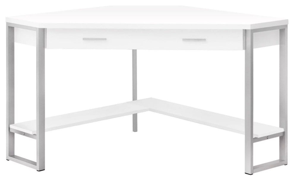 Contemporary Corner Desk, Large Drawer & Lower Open Shelf, White/Silver
