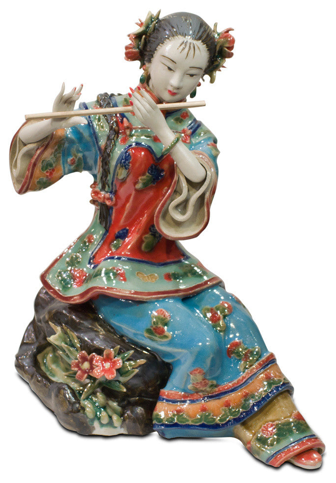 Chinese Porcelain Figurine, Shi Wan Lady Playing the Flute