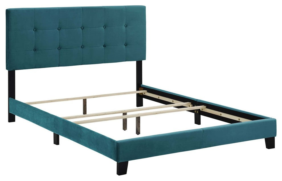 Amira King Upholstered Velvet Bed, Sea Blue
