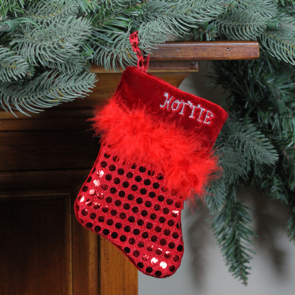 7" Red Sequined Feathered "Hottie" Mini Christmas Stocking