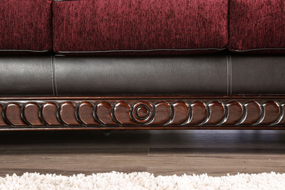 Fabric and Leatherette Love Seat with Rolled Arms Design, Burgundy