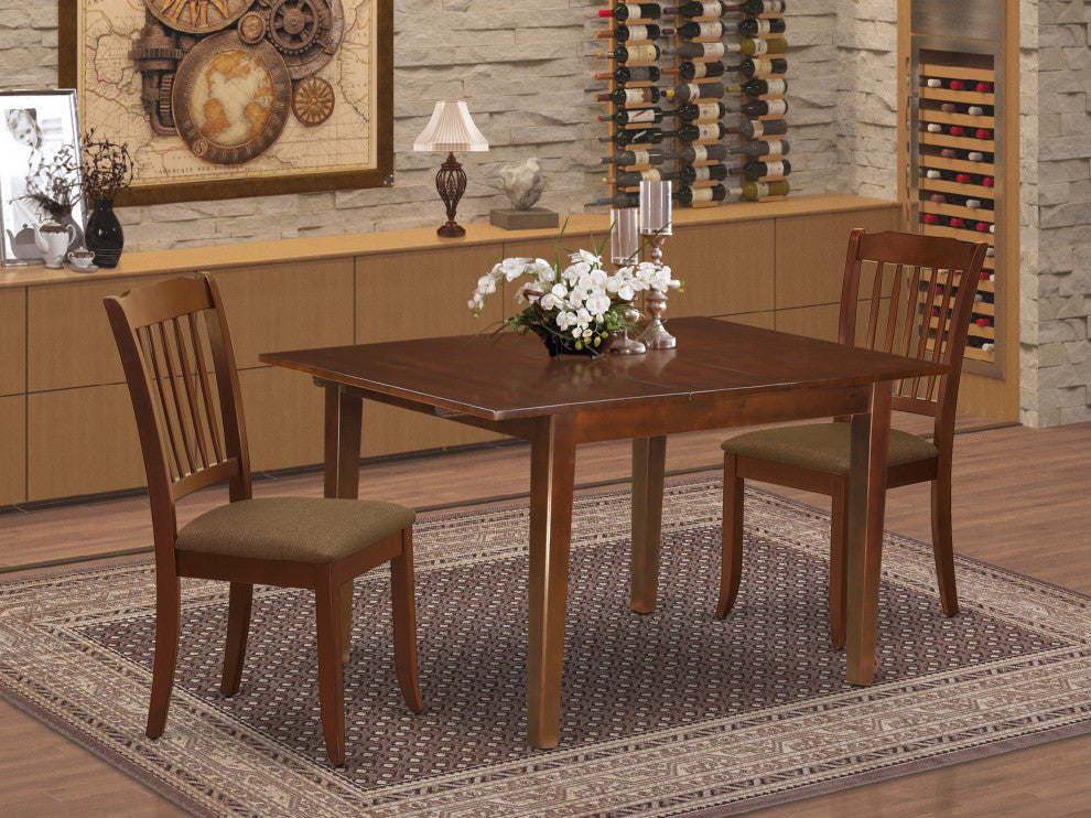 3Pc Dinette Set, Table, Two Vertical Slatted Linen Seat Dining Chairs, Mahogany