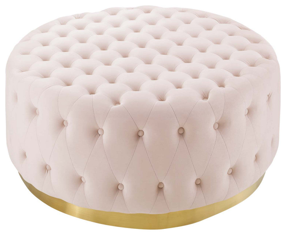 Tufted Accent Chair Ottoman, Round, Velvet, Pink, Modern, Lounge Hospitality