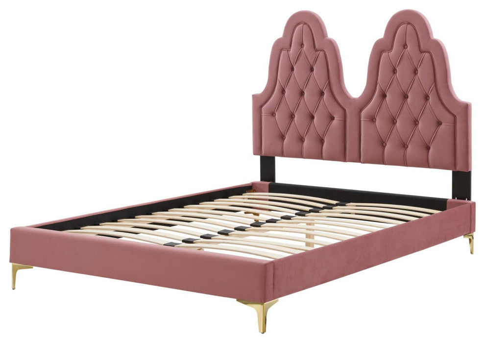 Tufted Platform Bed Frame, Full Size, Velvet, Pink, Modern Contemporary, Bedroom