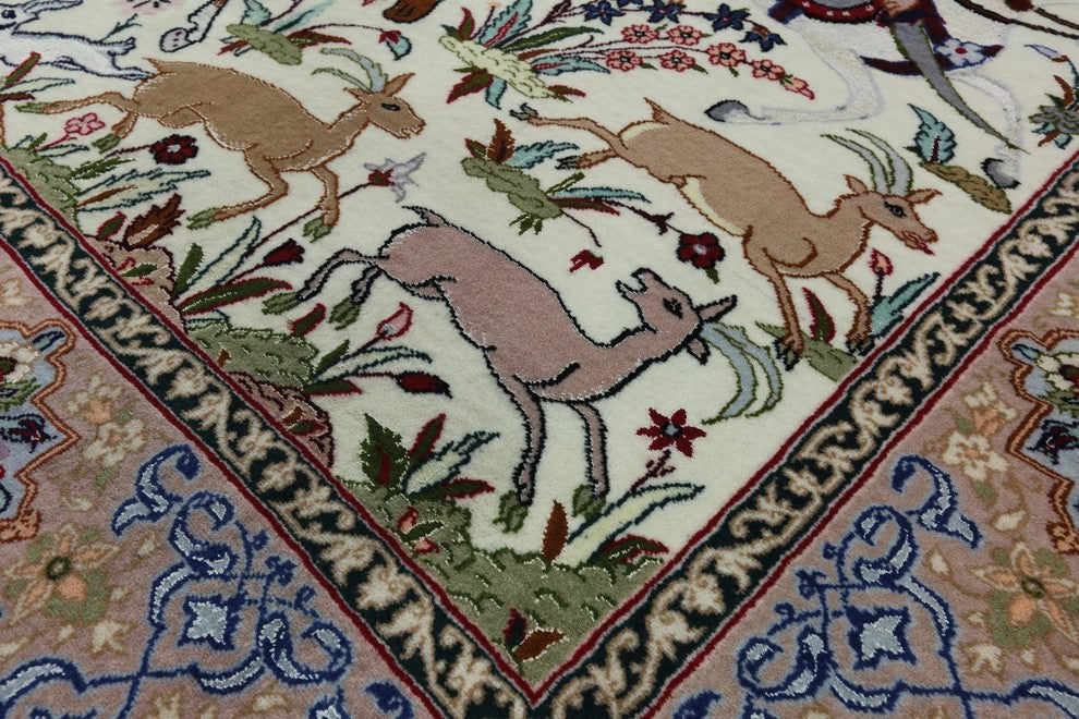 Hunting Scene Handmade Wool and Silk Authentic Signed Persian Isfahan Rug, 4'x7'