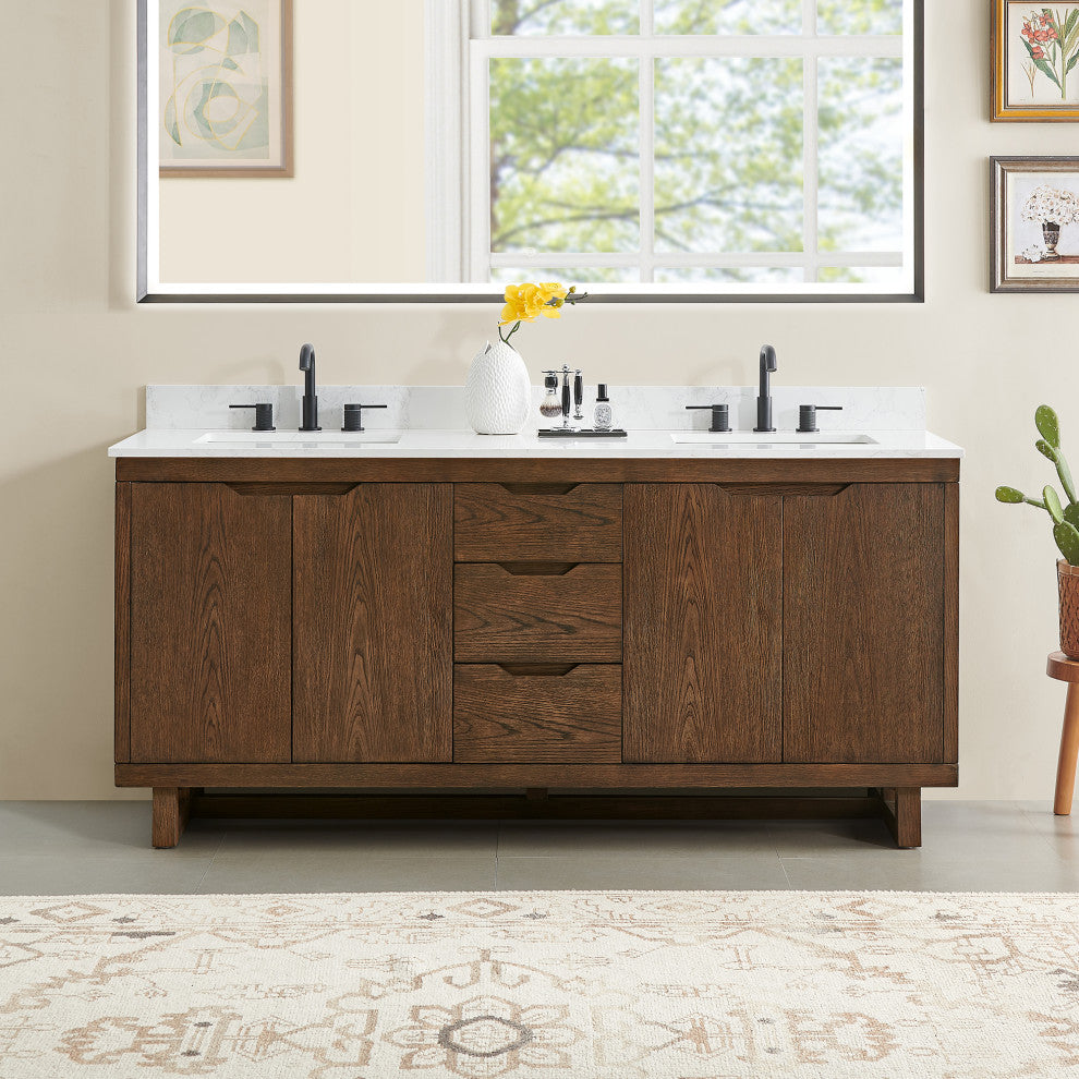 Mowry Bathroom Vanity, Brown Brushed Oak, 72", No Mirror