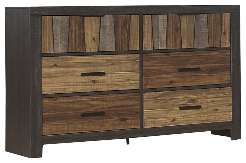 Benzara BM220028 Plank Style 6 Drawer Wooden Dresser, Metal Bar Handles, Brown