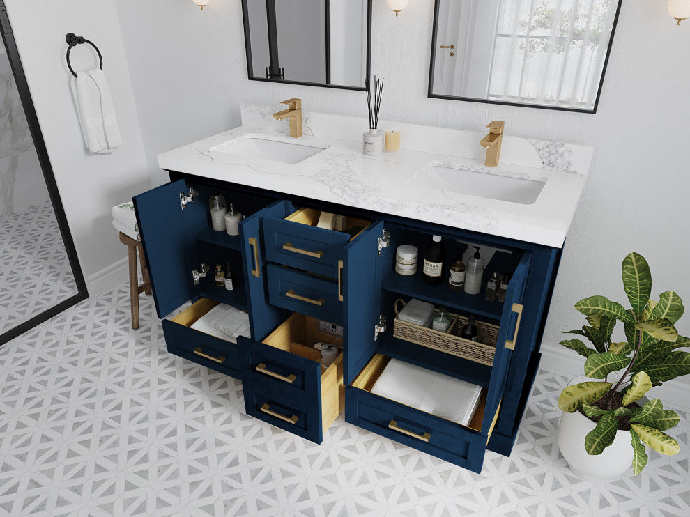 Boston 60 Double Bathroom Vanity in Navy Blue 2" Calacatta Laza