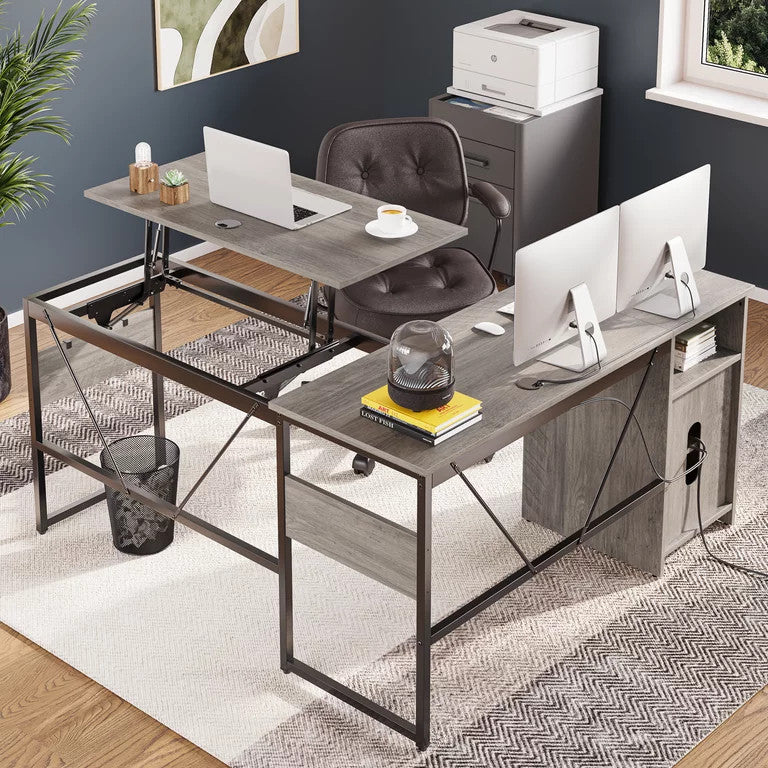 Corner Desk, Metal Frame With Spacious Cabinet & Lift Up Section Top, Wash Gray