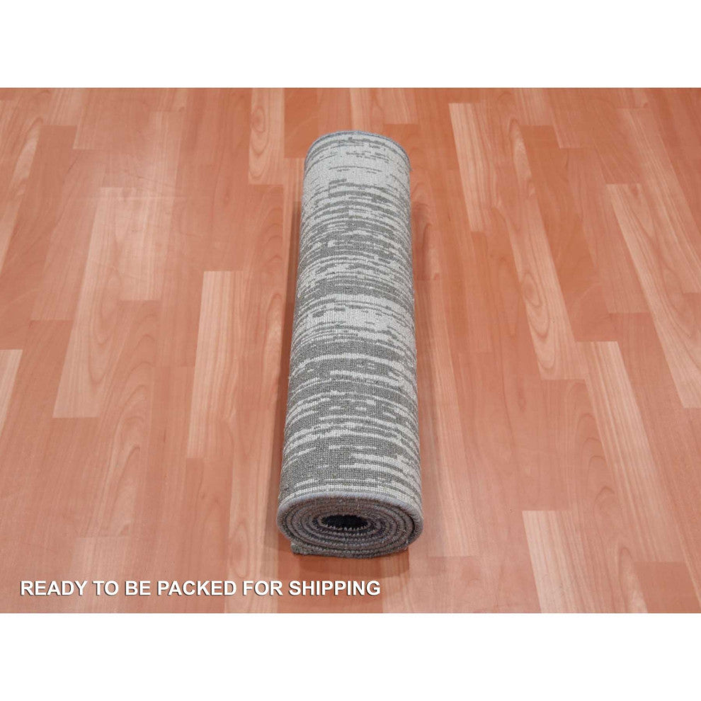 Gray and Blue Pure Wool Hand Knotted Modern Ombre Design Runner Rug, 2'6"x8'0"
