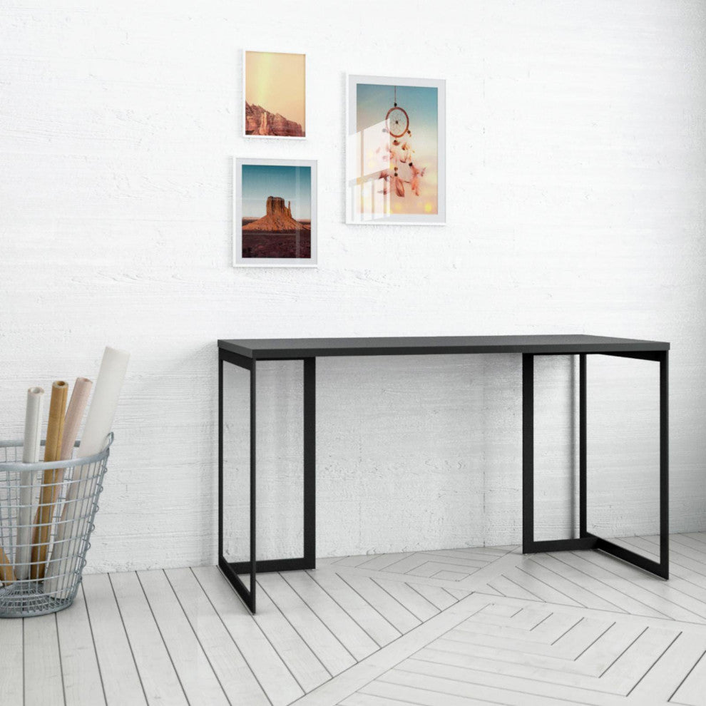 Modern Desk, Sleek Geometric Black Metal Base With Rectangular MDF Top, Black