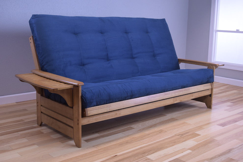 Mesa Frame Queen Futon With Butternut Finish, Suede Blue