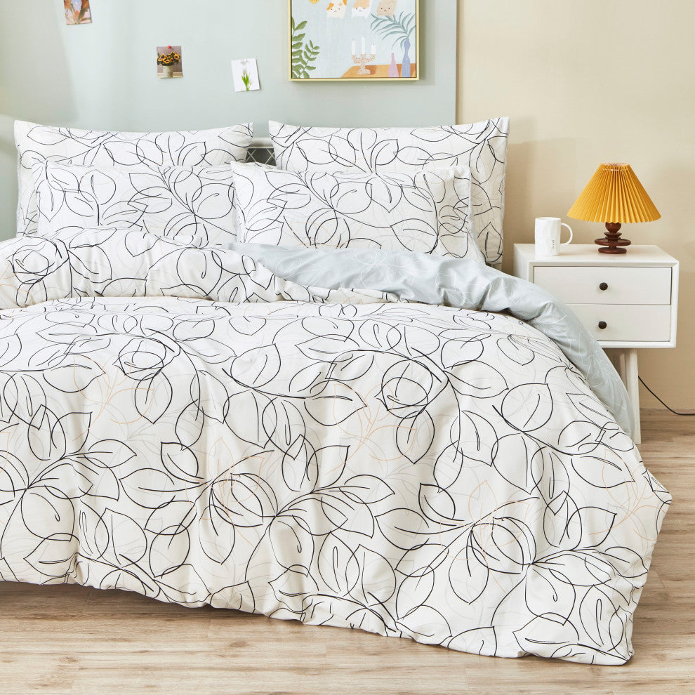 Tache Modern Leaf Foliage Abstract White Grey Black Reversible Duvet Cover, Cal