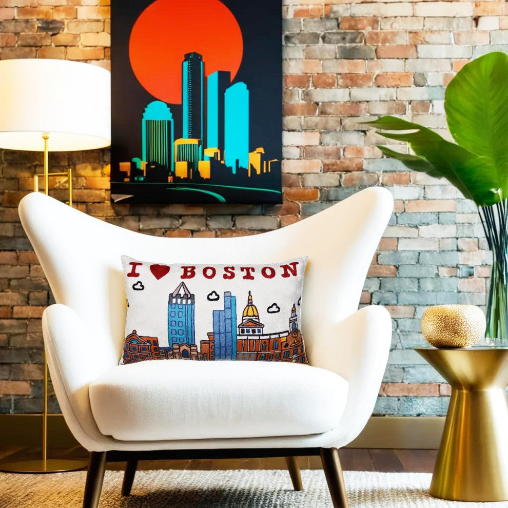 Lumbar Boston Decorative Pillow Cover Hand Embroidered Wool 14x24