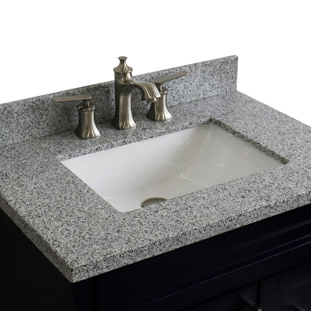 31" Single Sink Vanity, Blue Finish With Gray Granite With Rectangle Sink