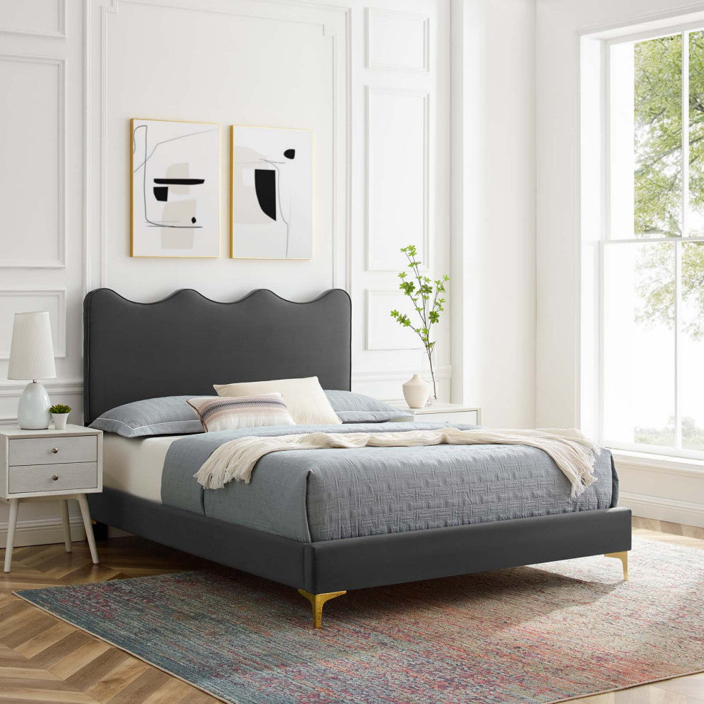 Platform Bed Frame, King Size, Charcoal Gray, Velvet, Modern, Guest Suite