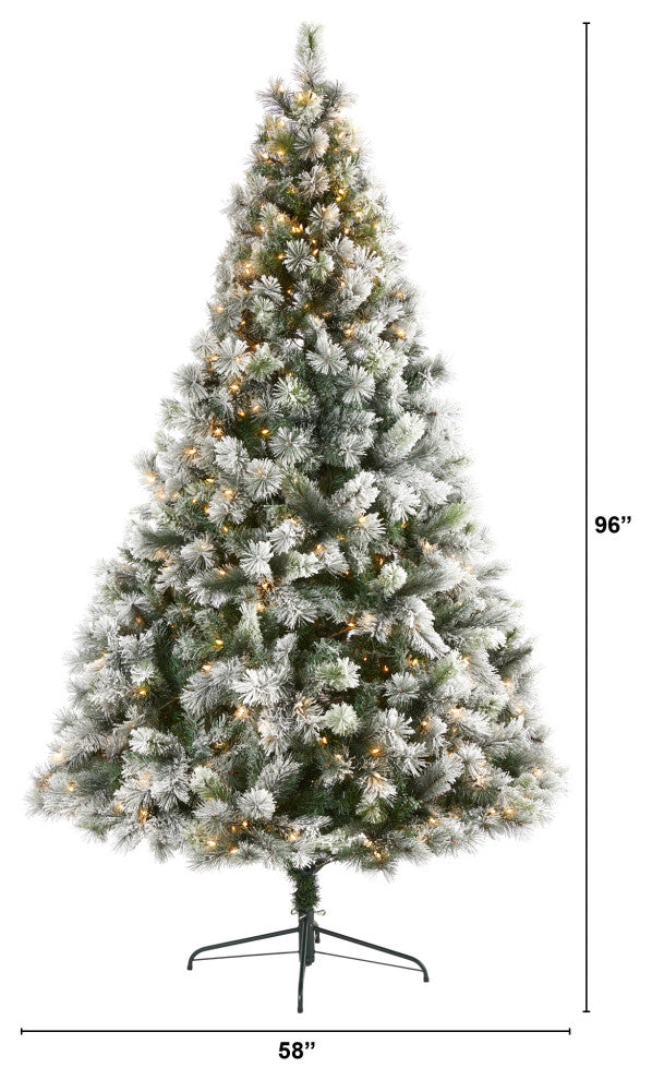 8' Flocked Oregon Pine Faux Xmas Tree W/500 Clear Lights & Bendable Branches