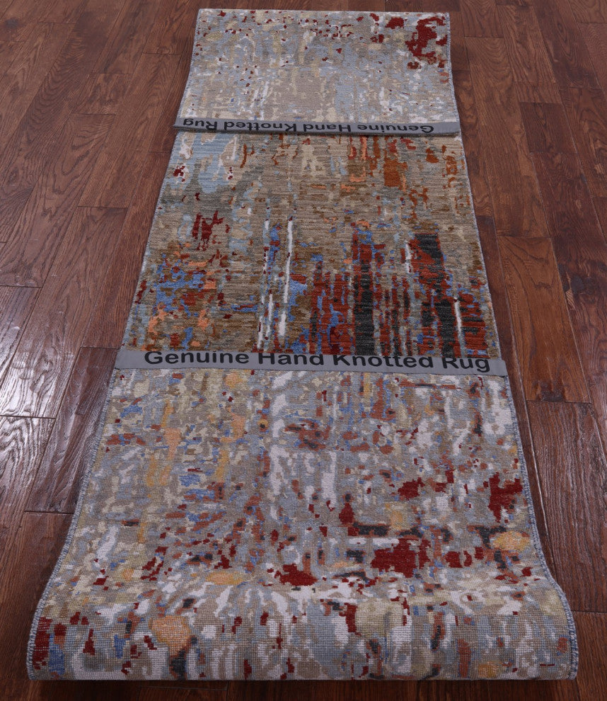 2' 7" X 12' 0" Abstract Wool and Silk Hand Knotted Runner Rug Q6864