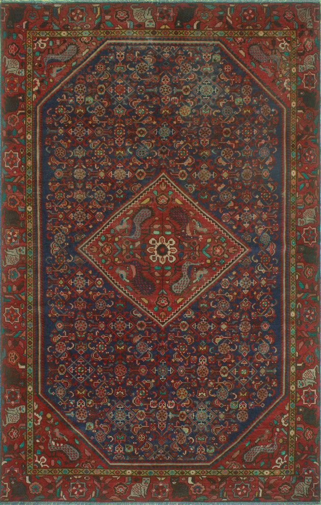 Fine Vintage Distressed Moneer Navy/Red Rug, 6'9x10'5