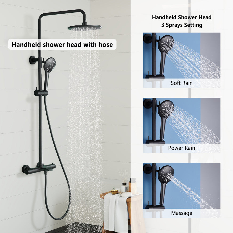 Thermostatic Round Shower Faucet Dual Head Waterfall Shower Bar System, Matte Black