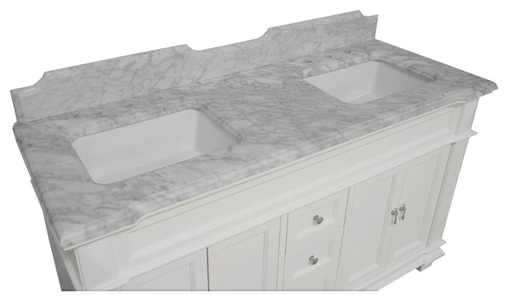 Elizabeth 60" Bathroom Vanity, Base: White, Top: Carrara Marble, Double Vanity