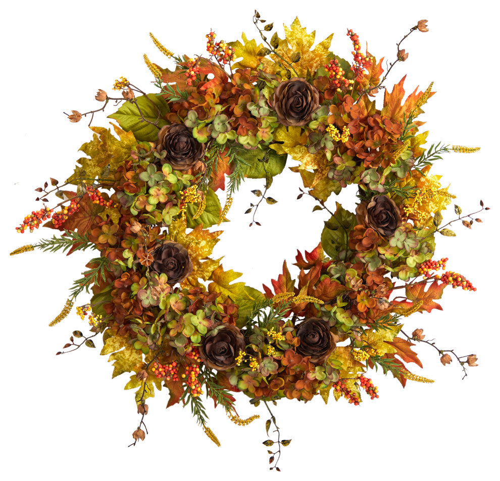 W1239 32 Fall Hydrangea, Ranunculus and Maple Leaf Autumn Artificial Wreath