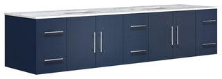Geneva 84 Navy Blue DB Vanity, White Carrara Marble Top, Square Sinks, no Mirror