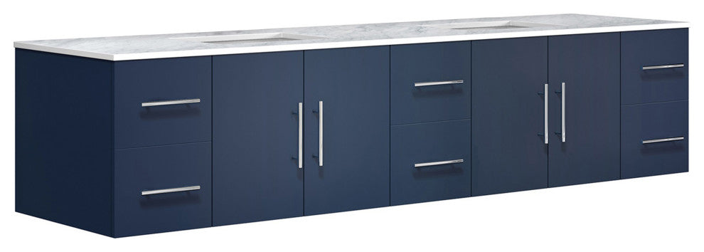 Geneva 84 Navy Blue DB Vanity, White Carrara Marble Top, Square Sinks, no Mirror