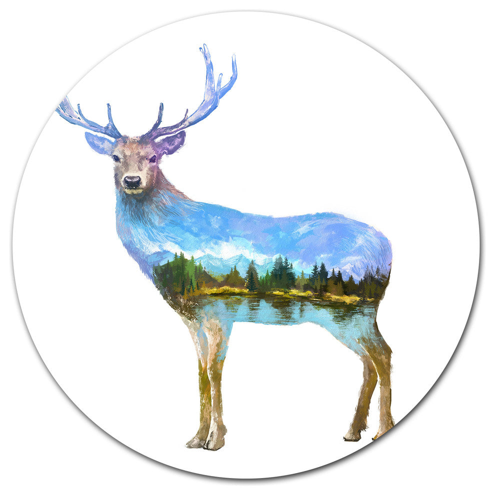 Deer Double Exposure Illustration, Animal Disc Metal Artwork, 11"