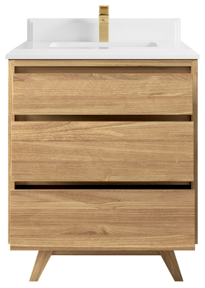 Madison Teak 30 Single Sink Bath Vanity in Light Natural 1.5" White Quartz