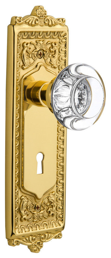 Single Egg & Dart Plate With Round Clear Crystal Knob, Unlacquered Brass