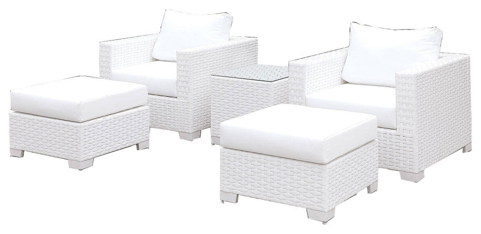 Benzara BM252479 Wicker 2 Accent Chairs With 2 Ottomans & Glass End Table, White