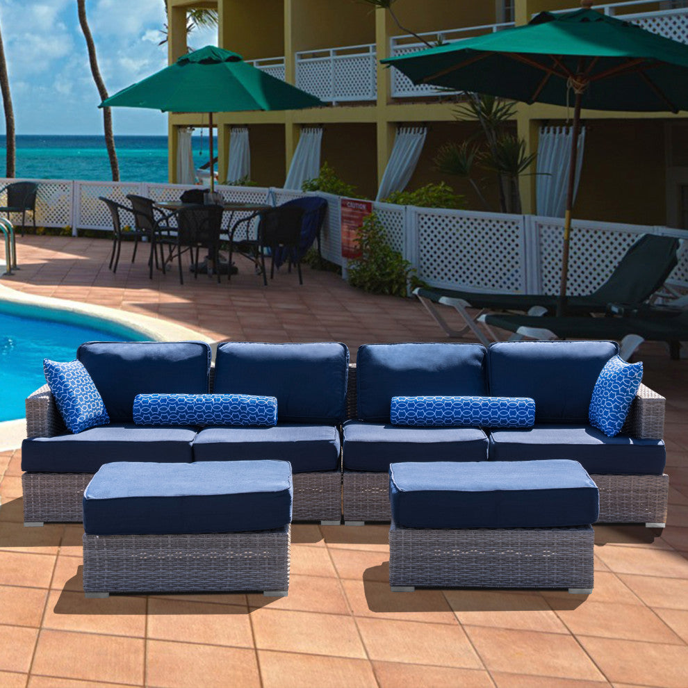 Polyethylene (PE) Wicker 6 Piece Patio Furniture Set, Fully Assembled, Navy Blue