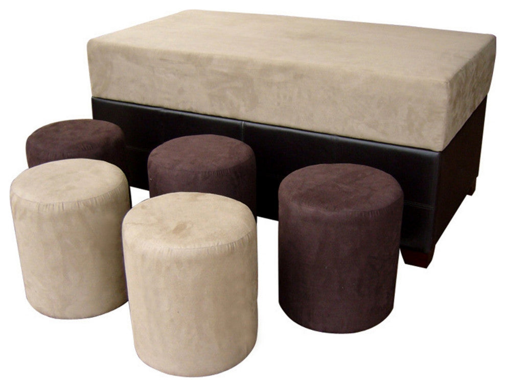 Brown Six Piece Microfiber Storage Bench With Ottomans