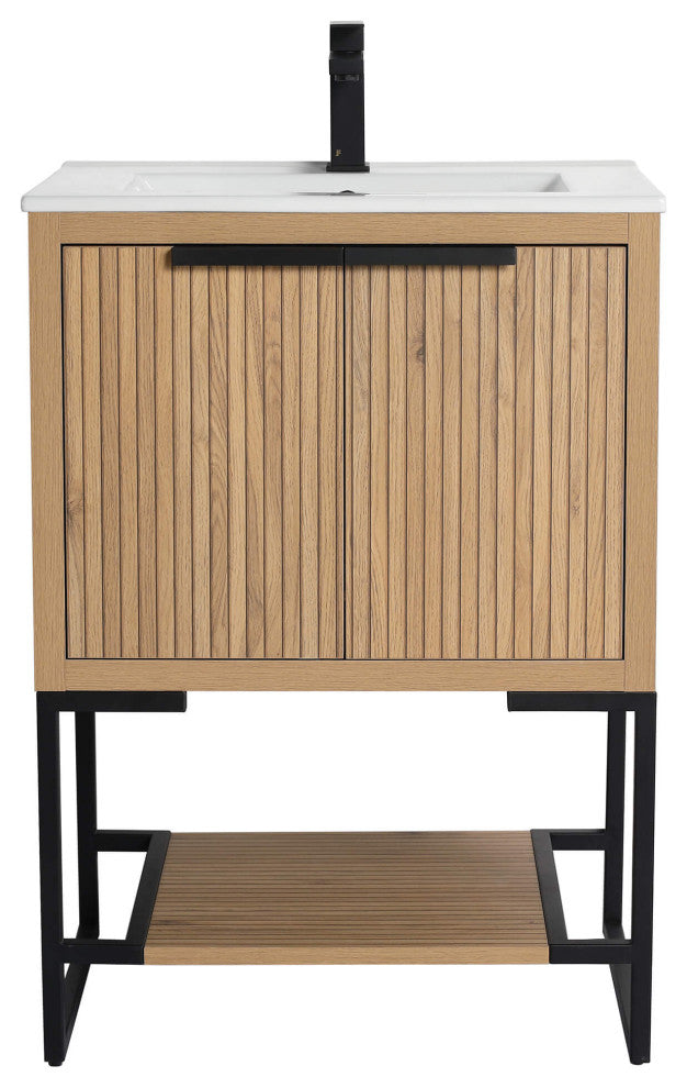 Kingsford Grooved-Look Bath Vanity, Bright Oak, White Ceramic Sink, 24", Doors