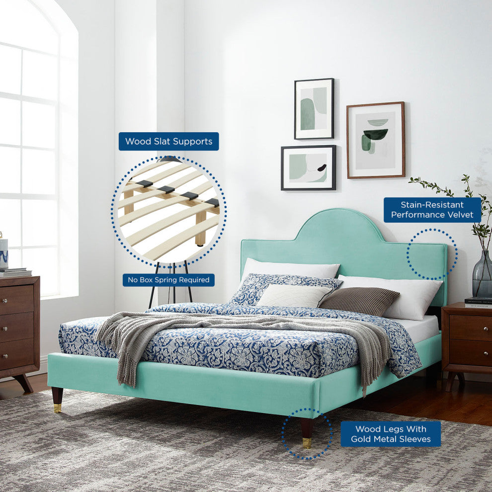 Platform Bed Frame, King Size, Blue, Velvet, Modern, Bedroom Master Guest Suite