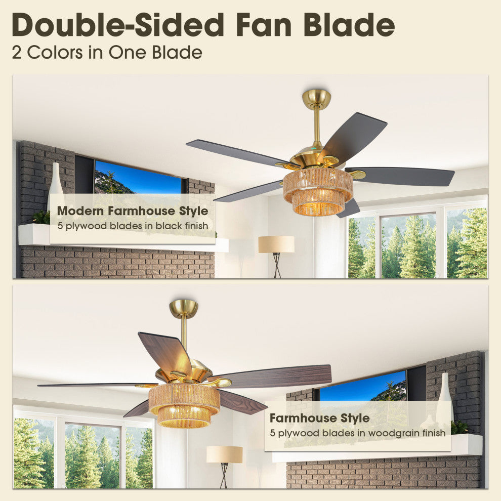 52 in Farmhouse Brushed Gold Ceiling fan with Hemp Rope Shade