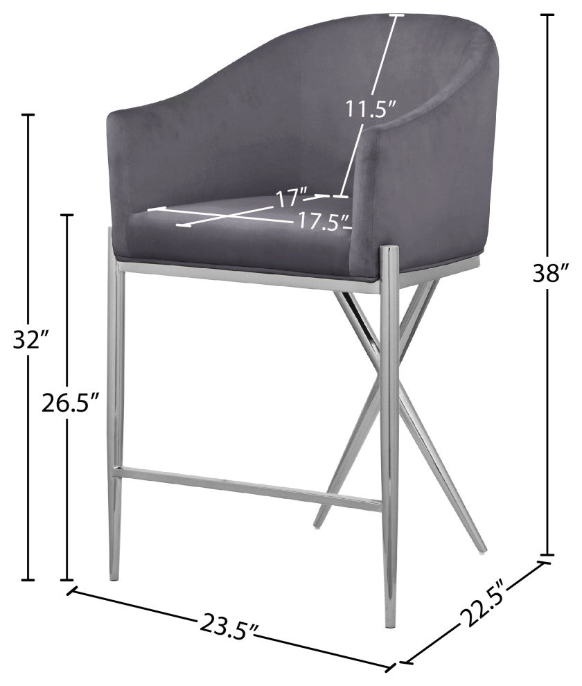 Xavier Velvet Upholstered Counter Height Stool, Gray, Chrome Finish