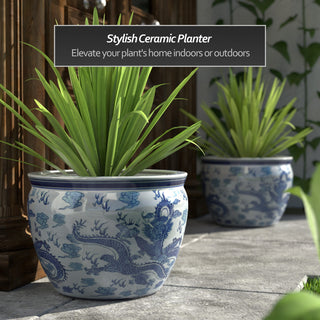 18" Dragon Blue and White Porcelain Fishbowl