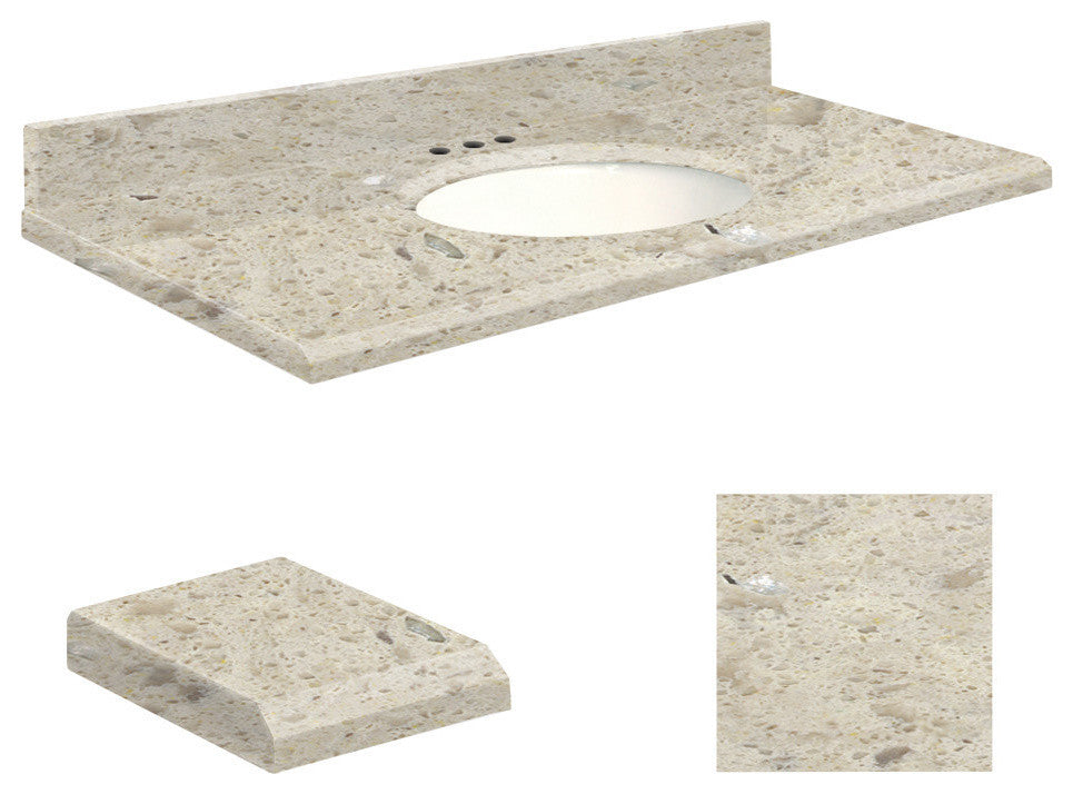 Quartz 25"x19" 1 Sink Vanity Top, White Bowl, Carmel, 8" Centerset